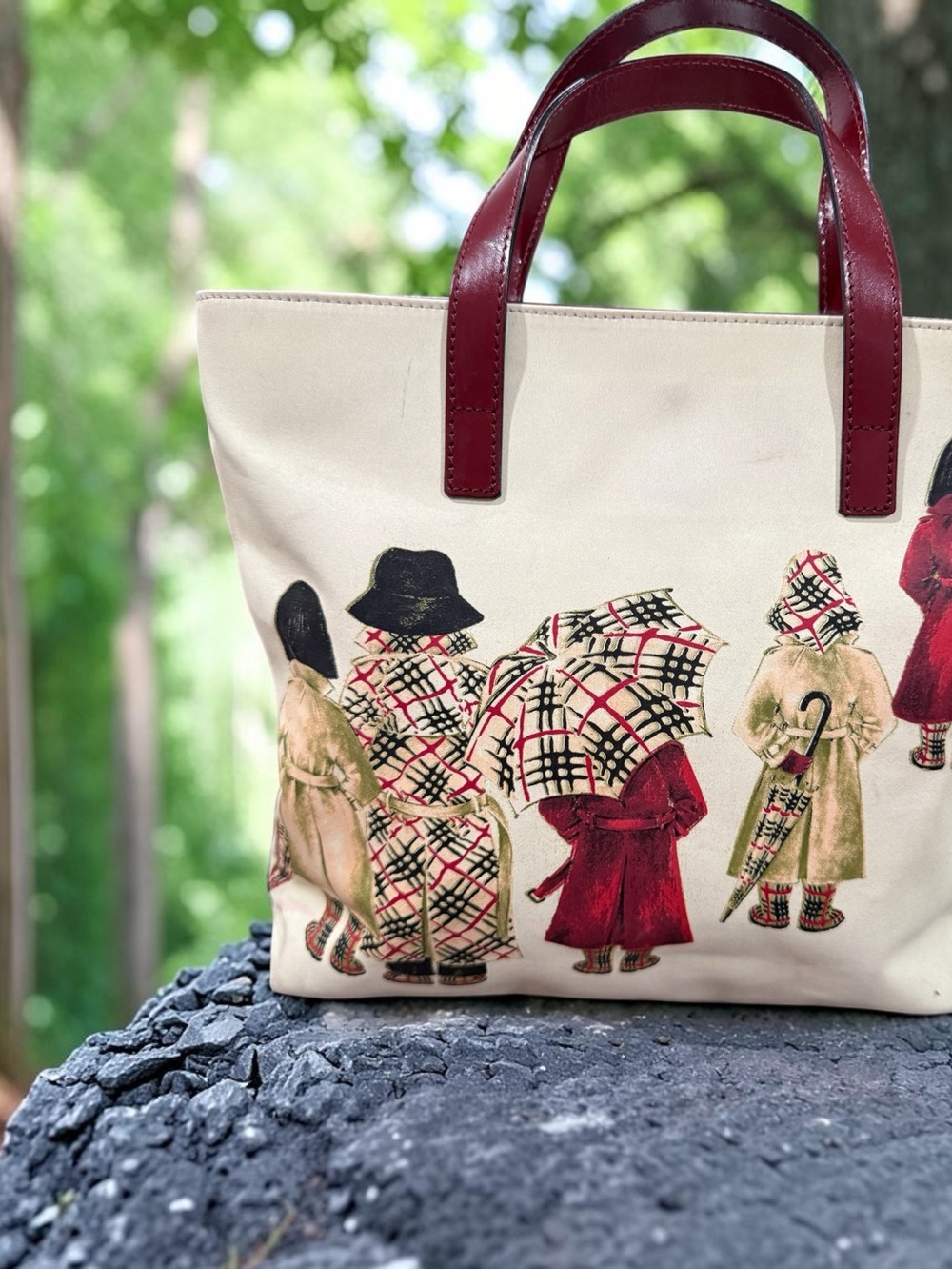 Burberry London Rare Canvas Tote Children Print Burgundy Leather